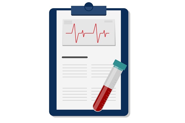 Illustration of a clipboard with test results on and vial of blood